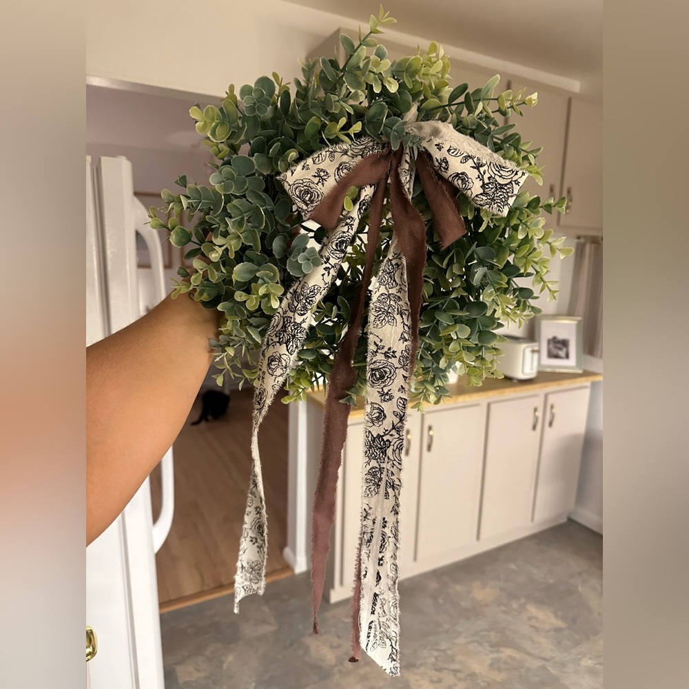 Greenery Wreath with Brown and Cream Ribbon